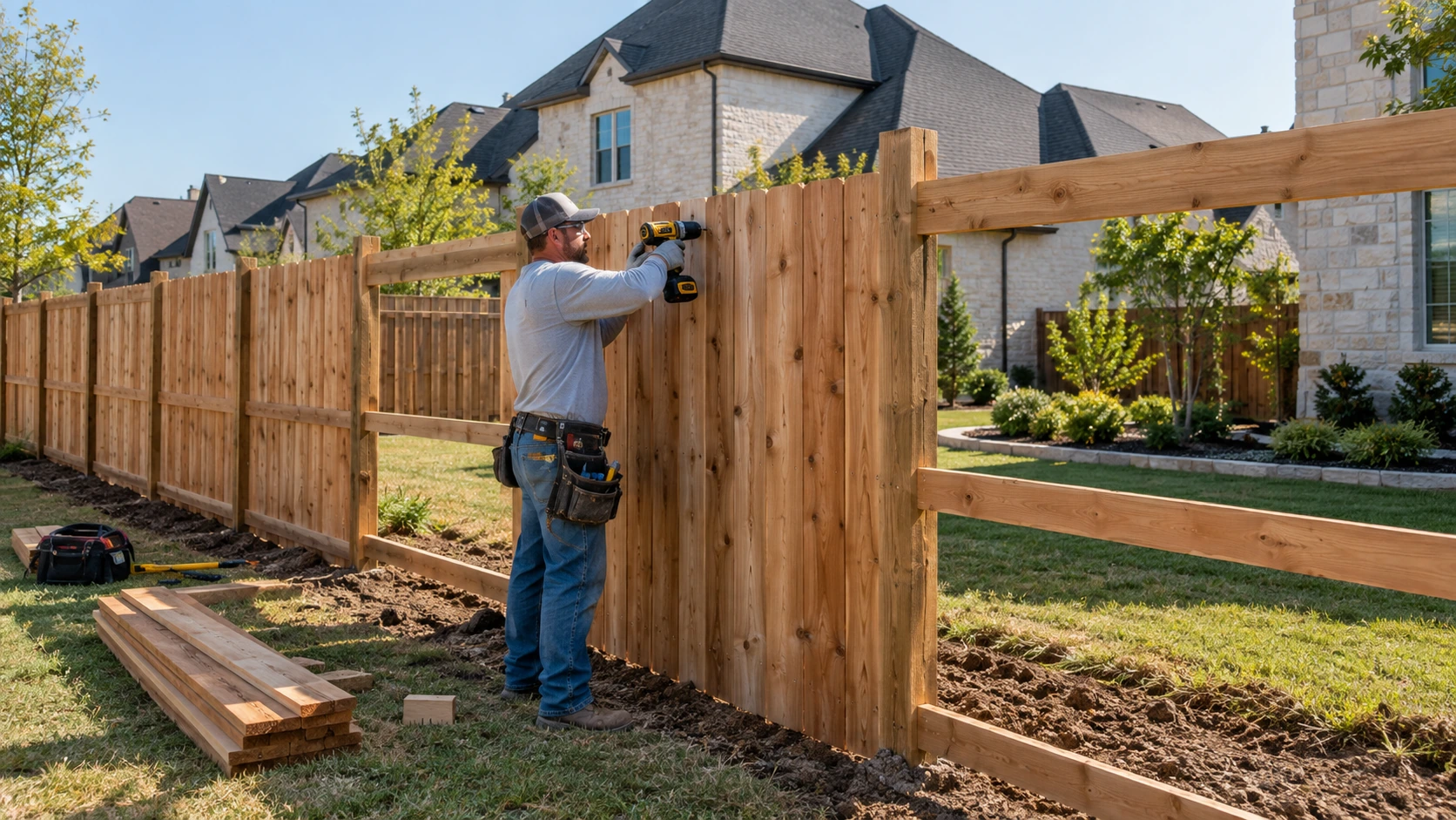 Fence contractor installing wood fence boards at a Frisco residential property