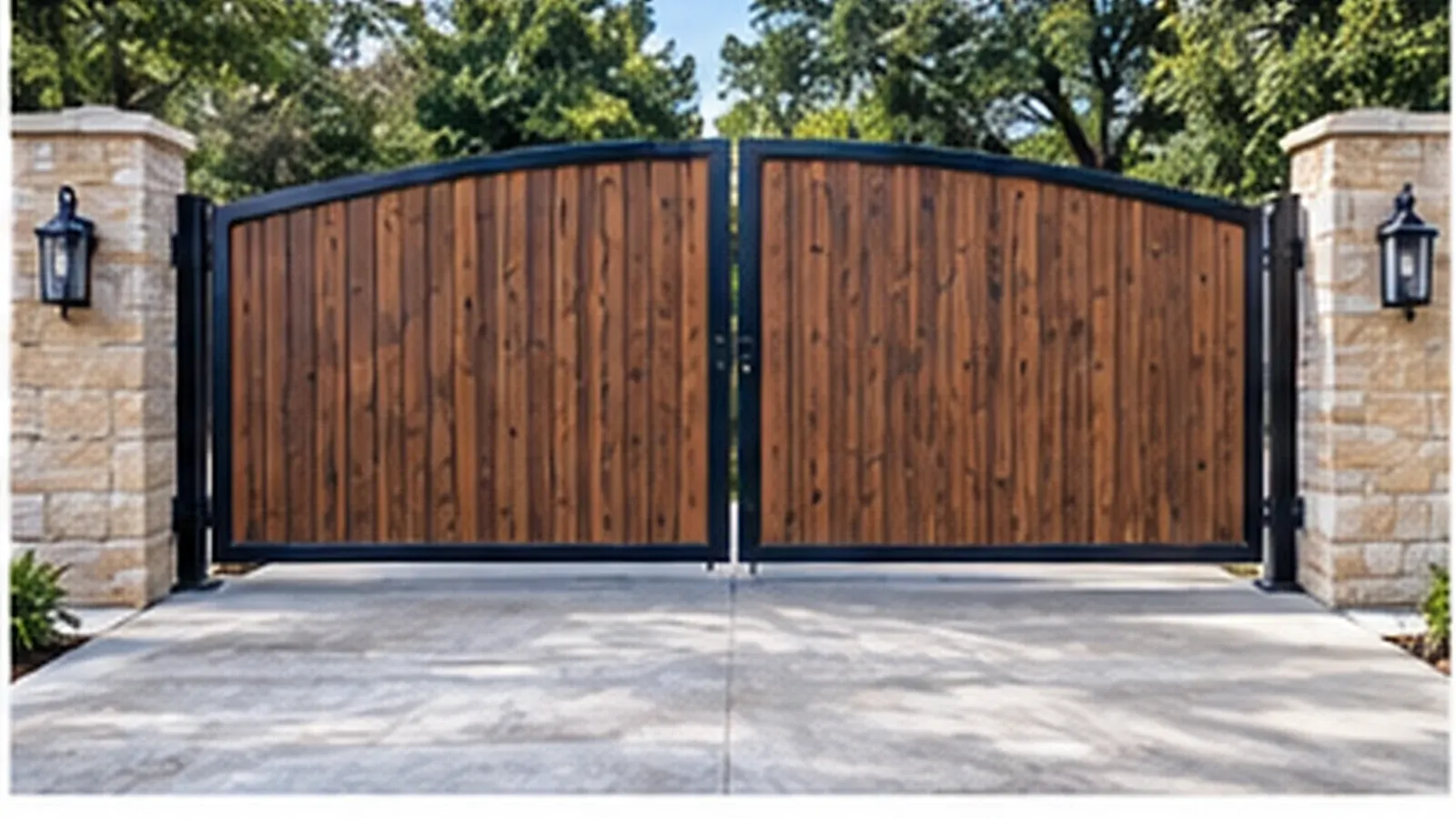 Double swing driveway gate with wood-panel infill between stone columns