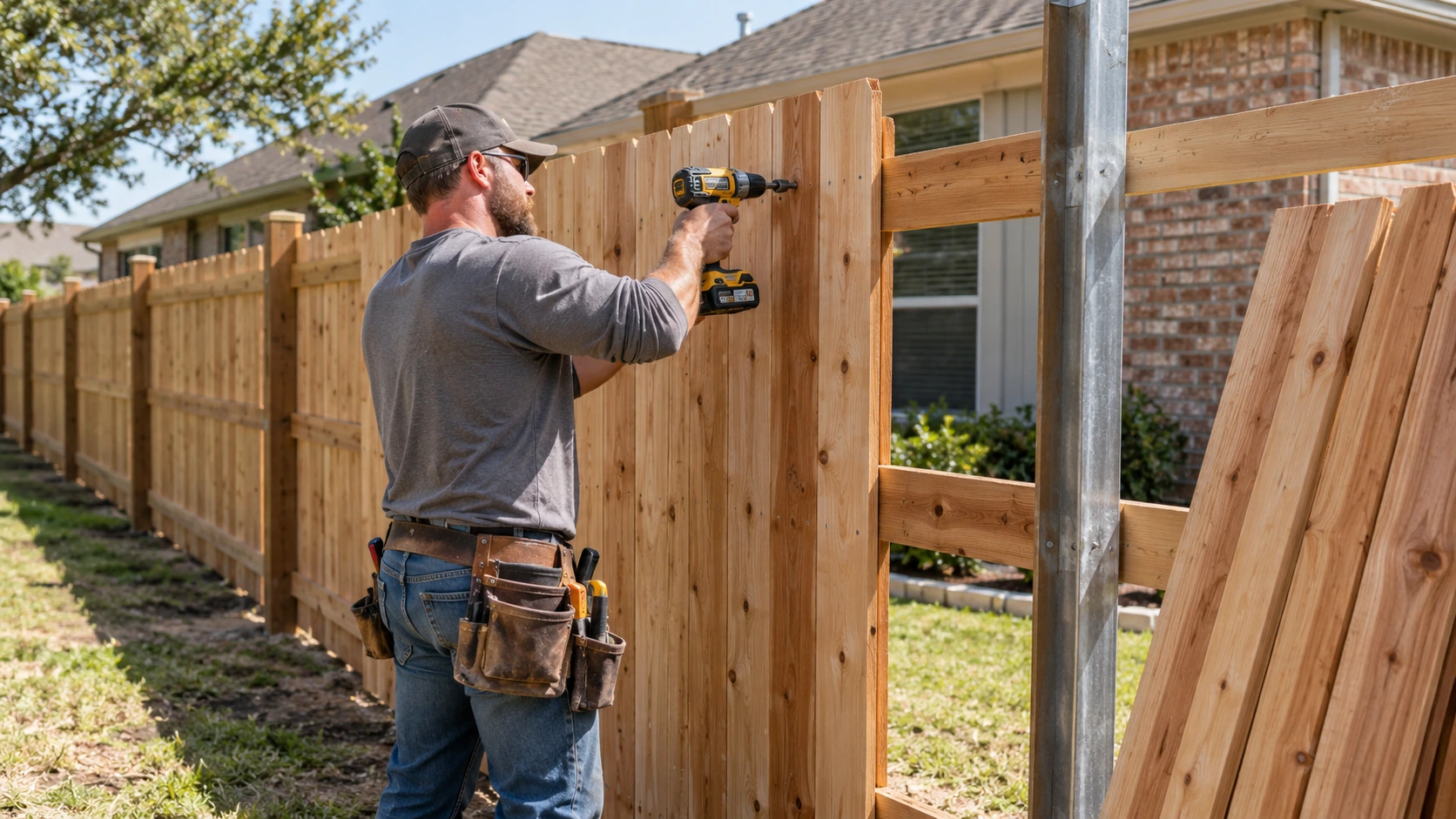 Fence contractor installing wood fence boards at a Plano residential property