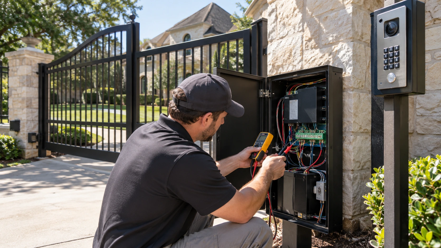 Technician diagnosing automatic gate controls at a Plano property