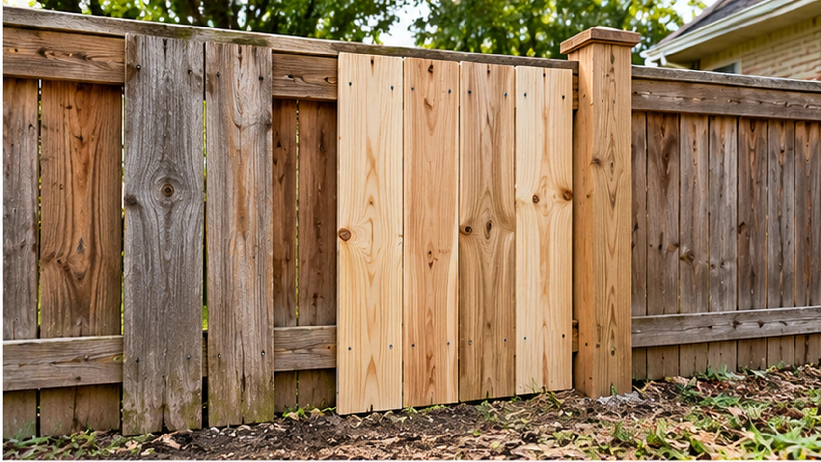 Replacement wood fence boards beside an older residential fence in Garland