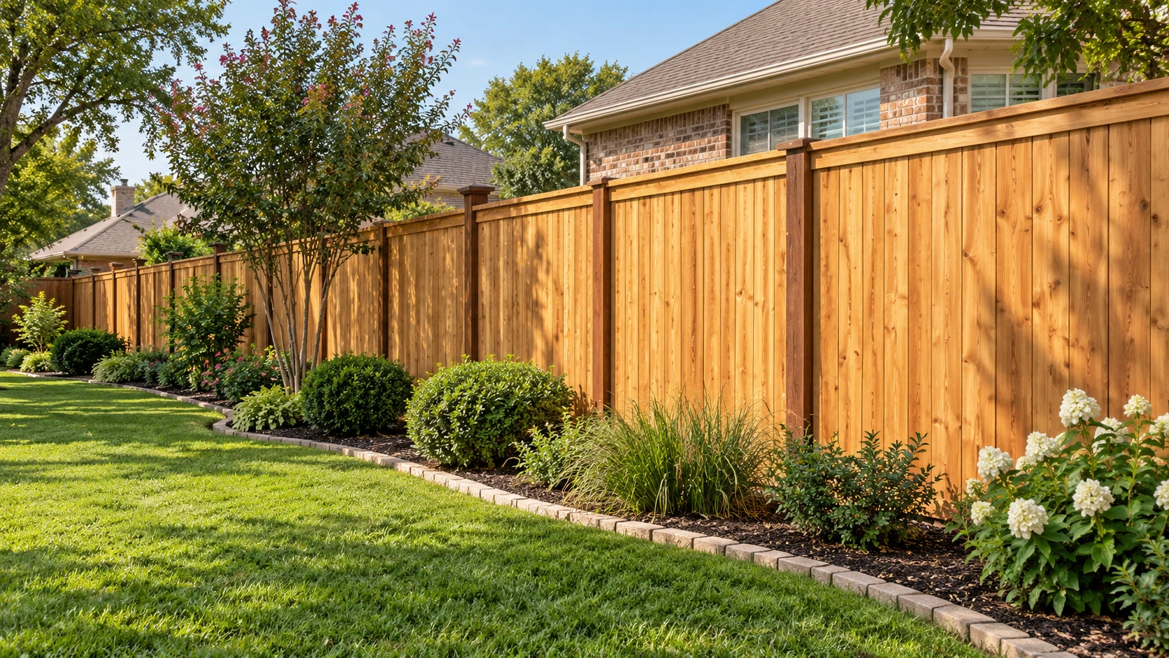 Cedar privacy fence along a landscaped residential yard in Garland
