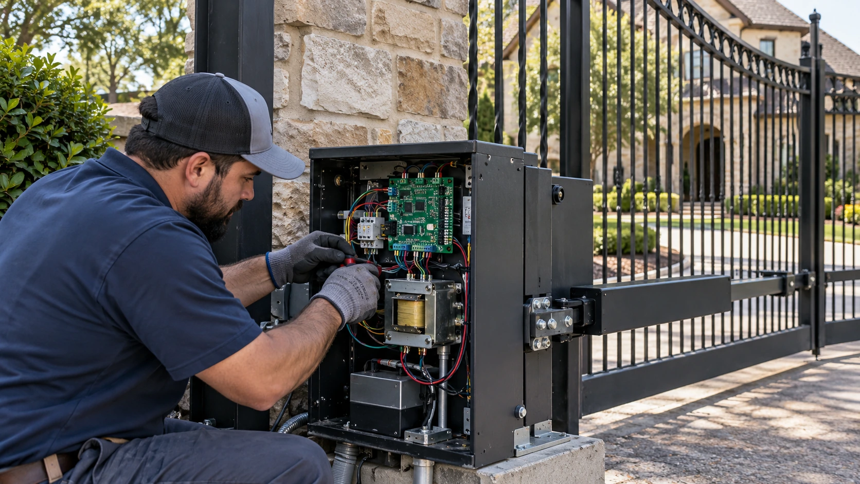 Technician inspecting an automatic gate operator in Plano