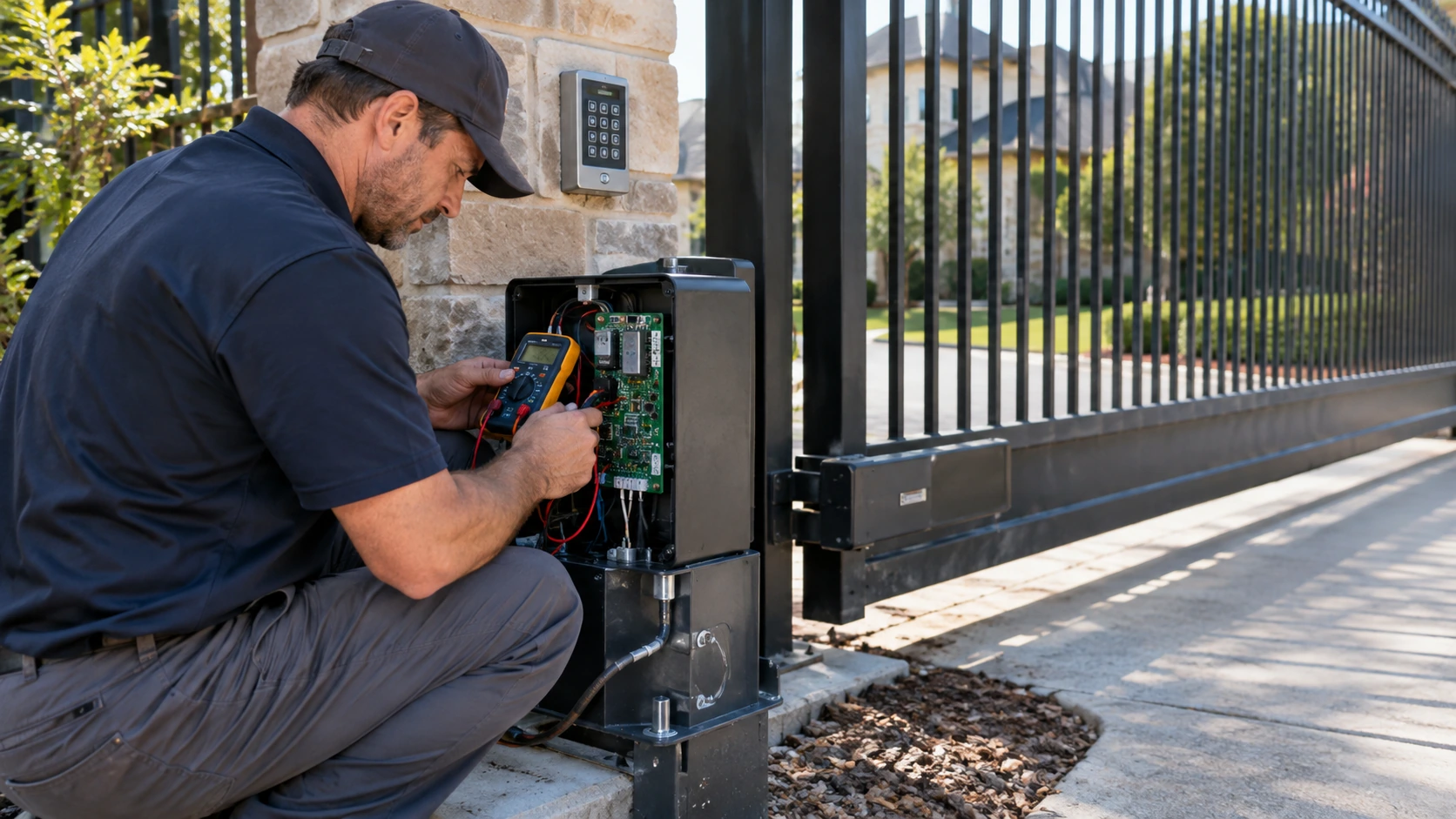 Technician testing an automatic gate opener and control system