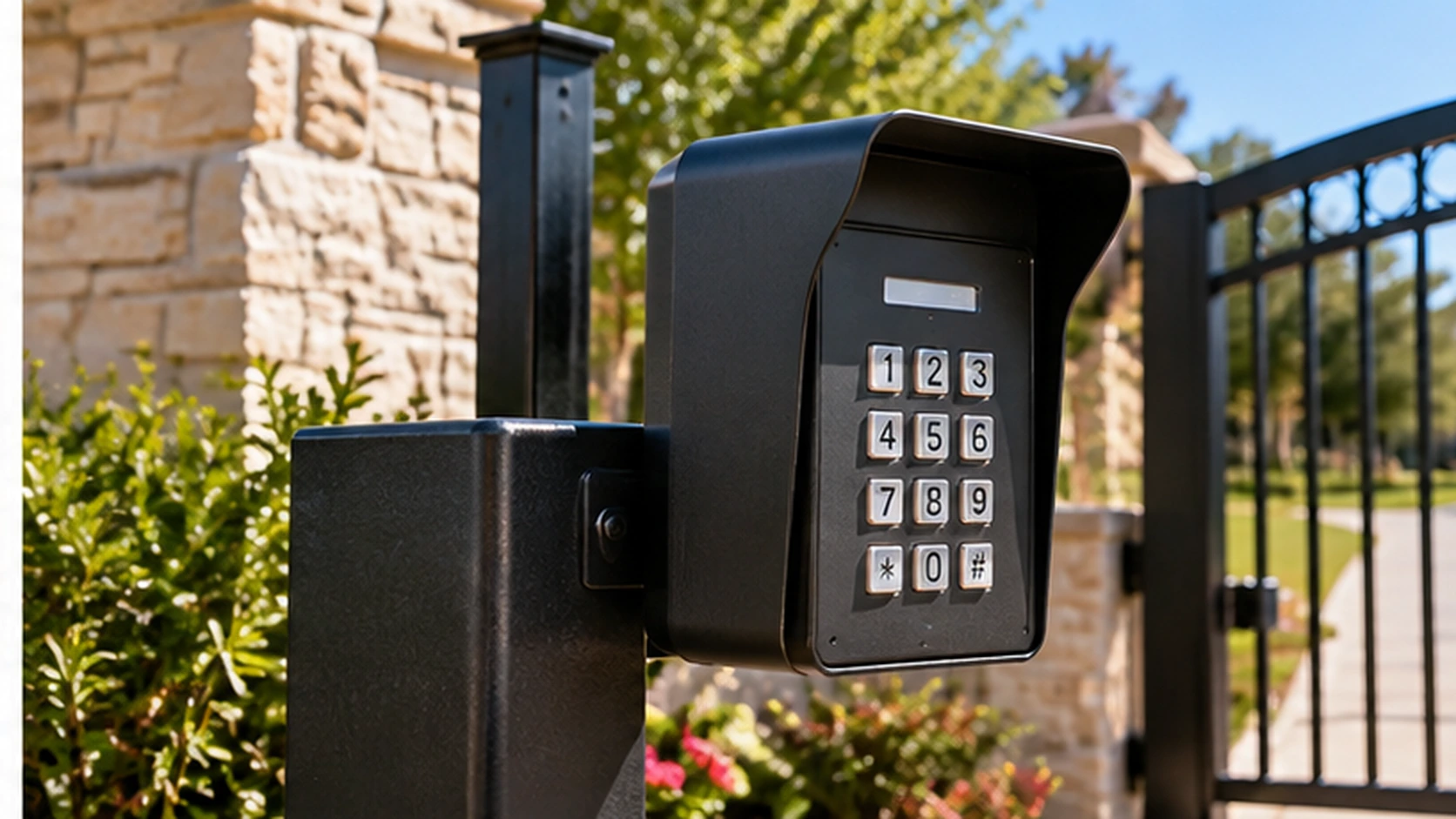 Gate access keypad at a residential entrance in Frisco