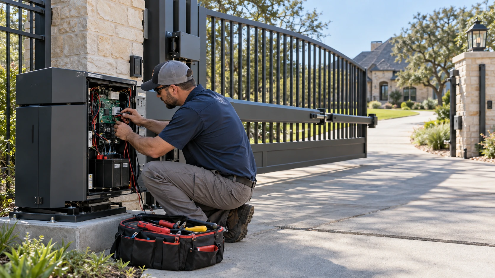 Technician diagnosing an automatic driveway gate opener