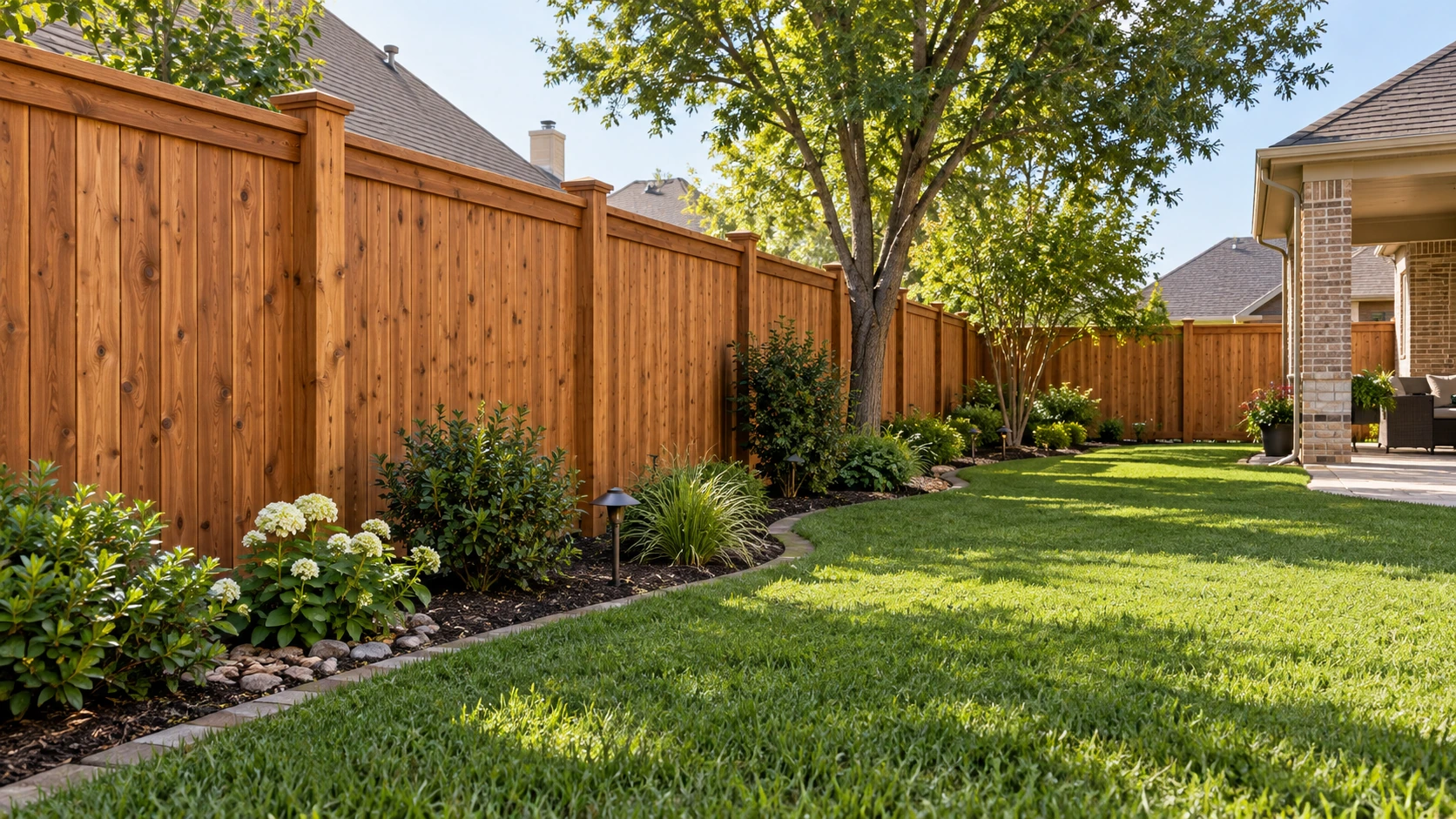 Cedar privacy fence along a landscaped residential yard in Plano