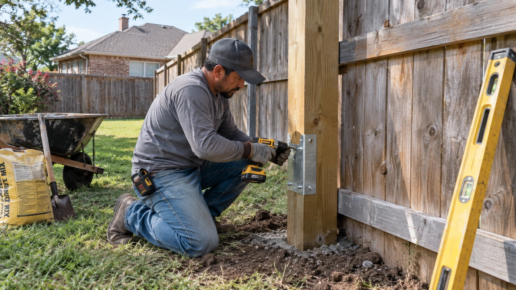 Wood fence post being repaired at a residential property