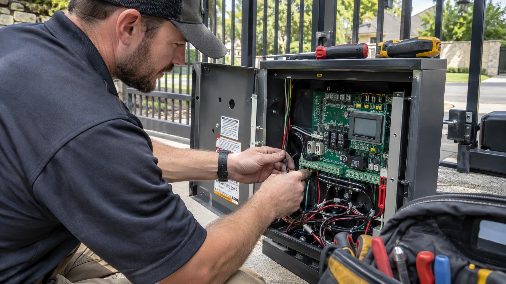 Automatic gate operator control board being inspected during repair