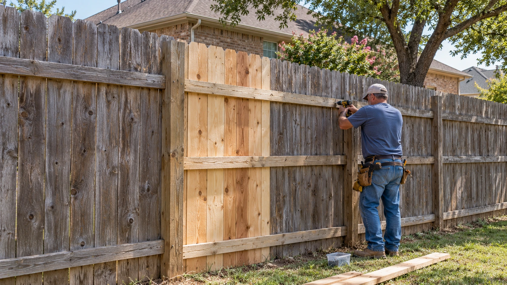 Fence contractor repairing wood fence boards at a Plano residential property
