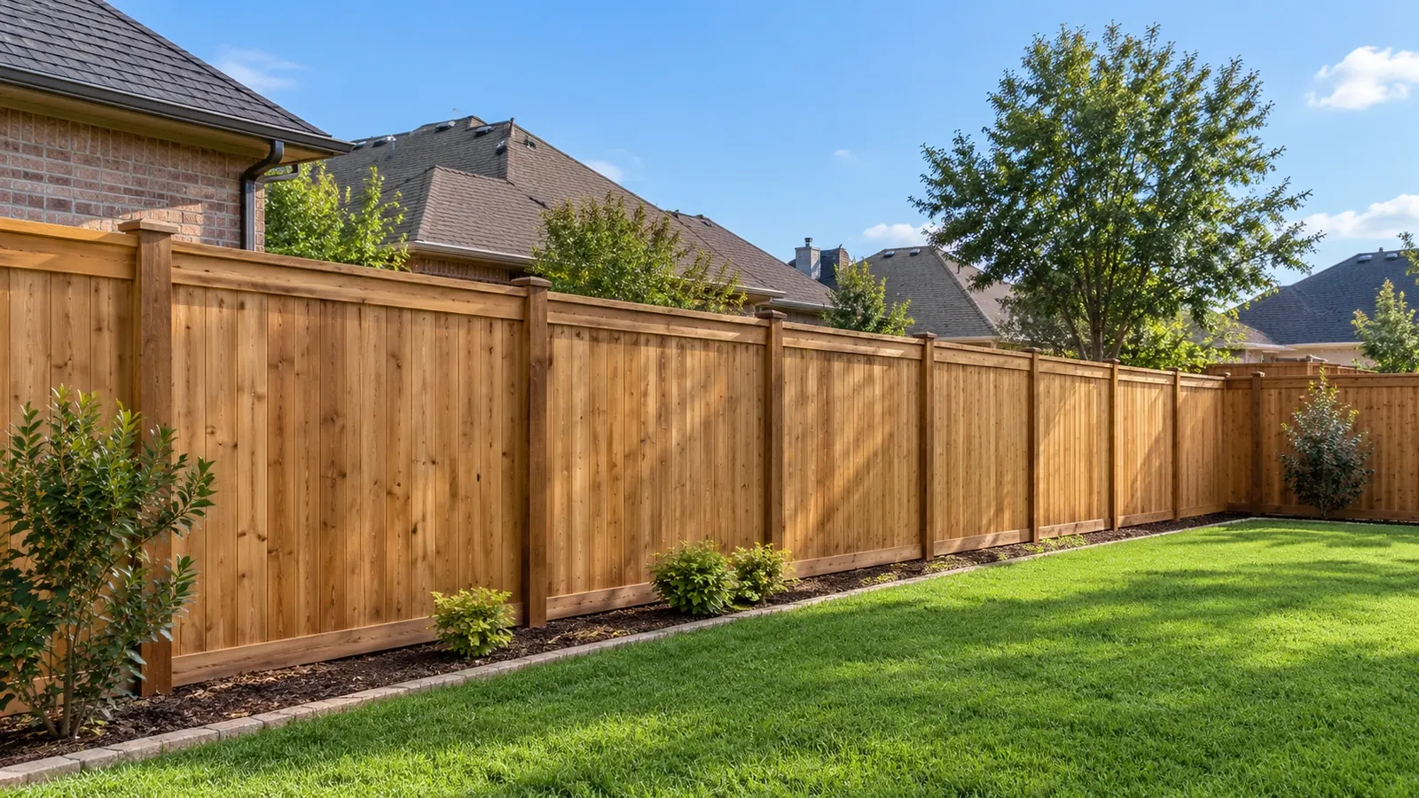 Cedar privacy fence along a landscaped residential yard in Allen