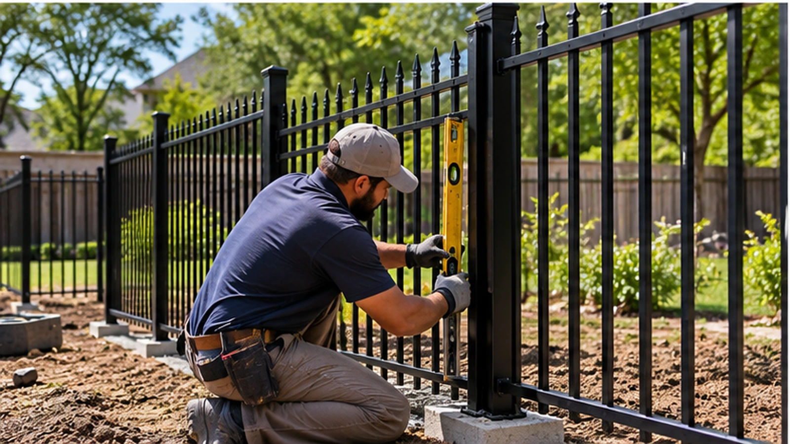 Fence contractor installing an iron fence panel