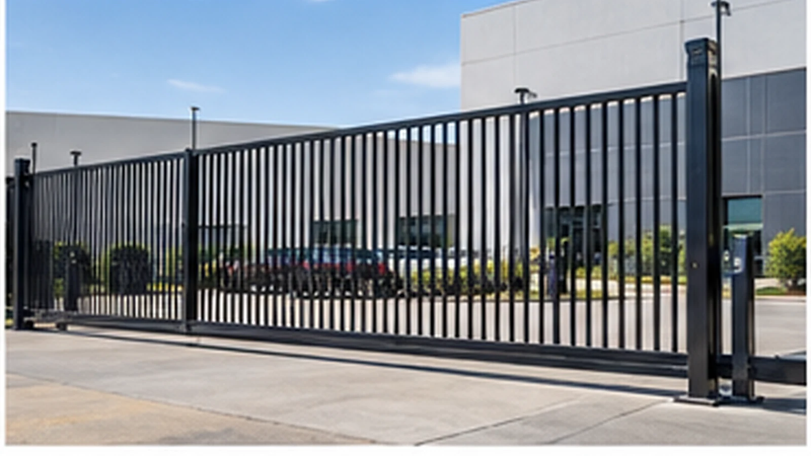 Commercial sliding security gate at a controlled entrance