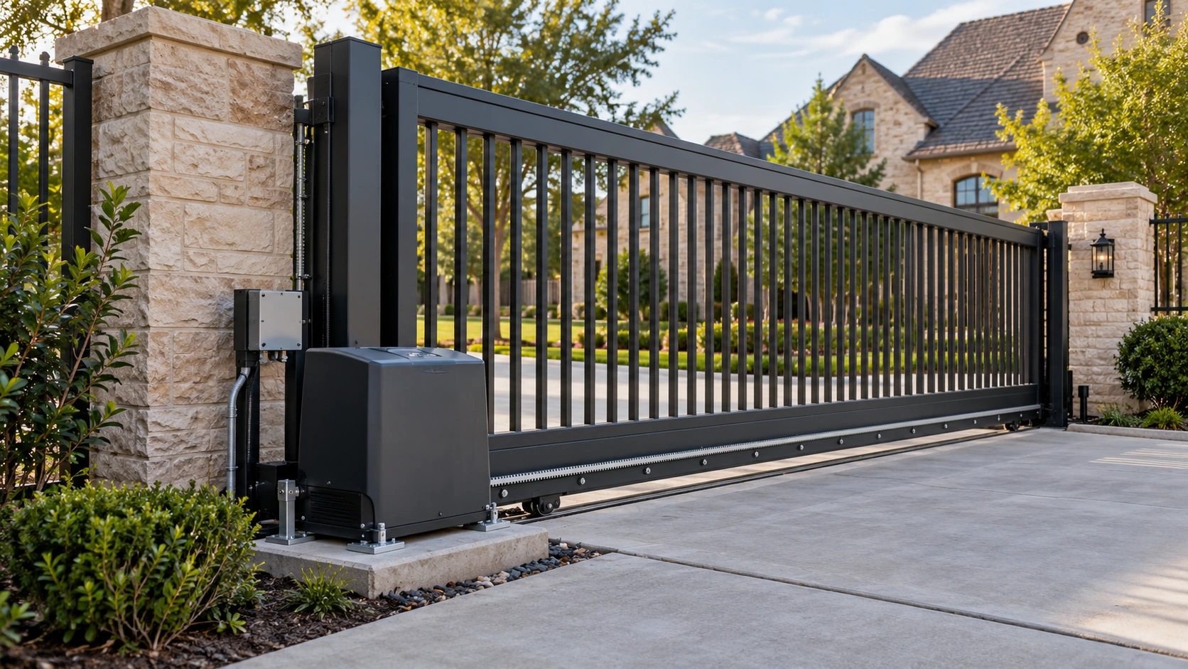 Automatic sliding gate operator installed beside a residential driveway gate