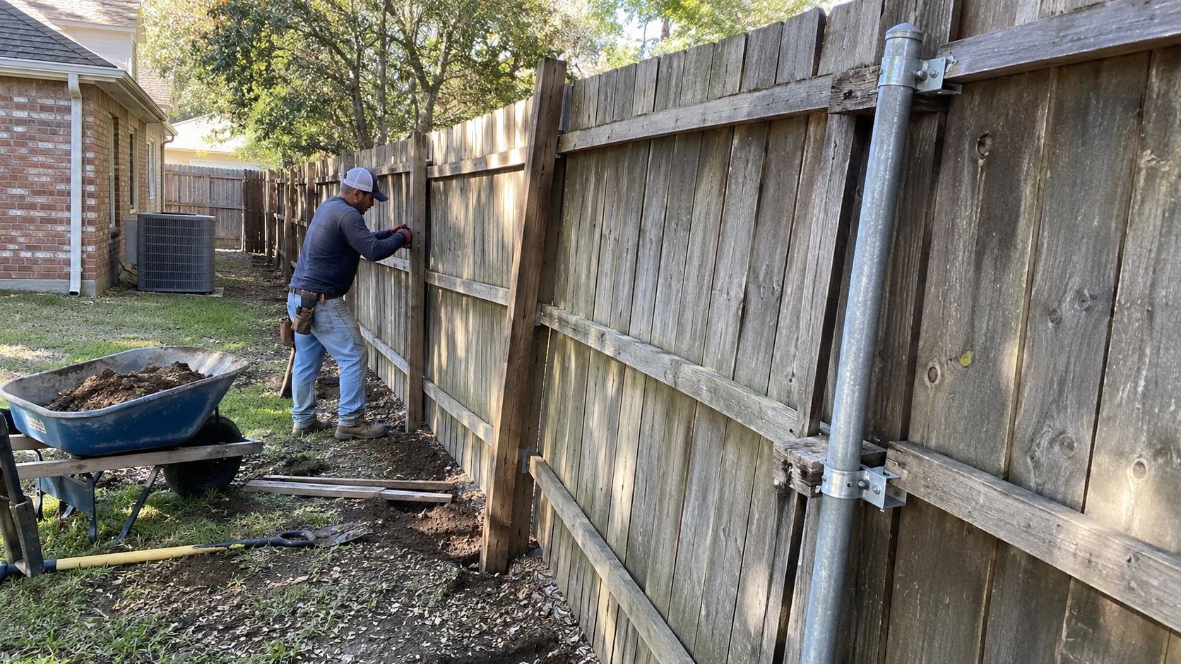 Leaning wood fence being corrected during repair