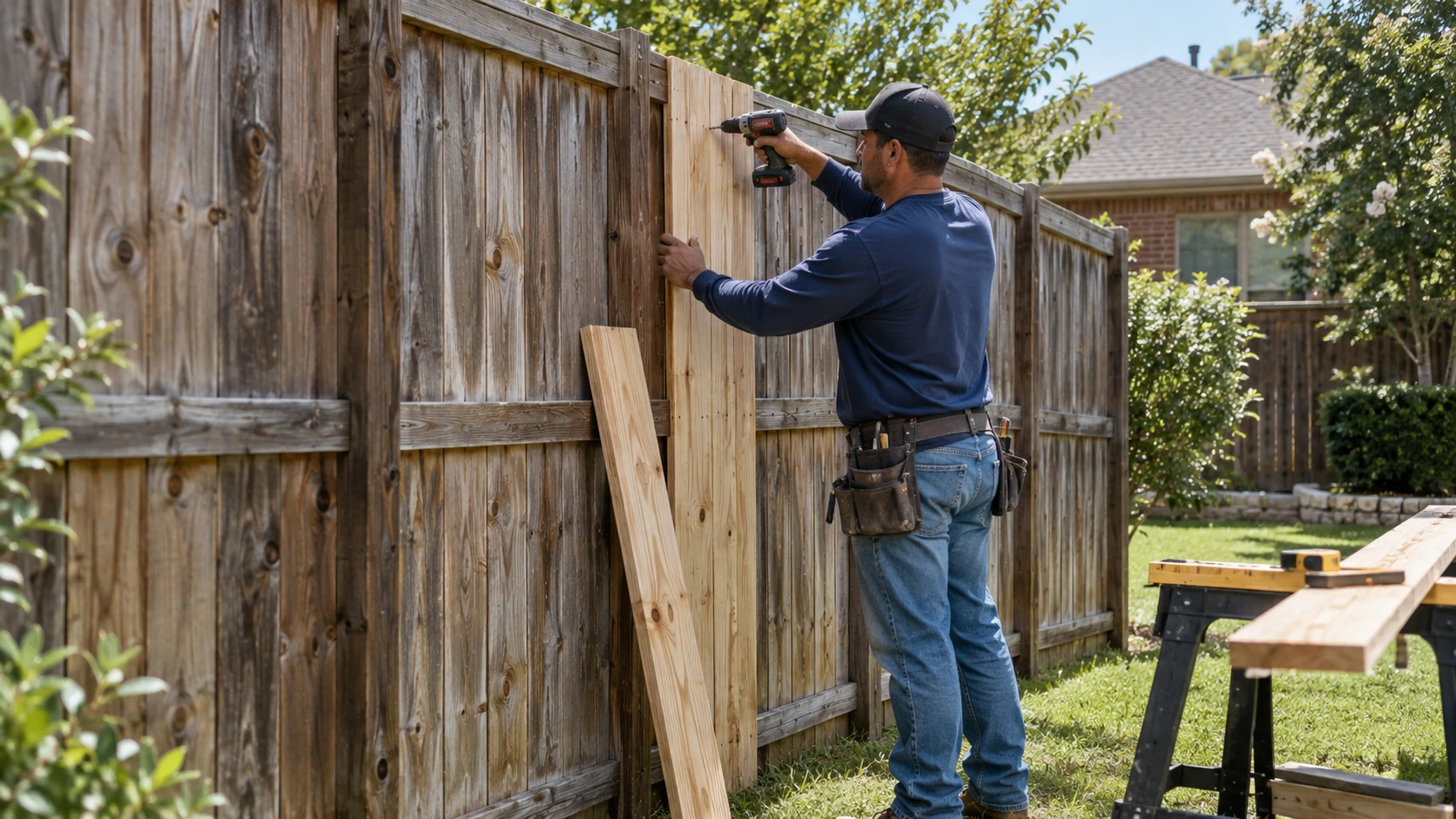 Damaged wood fence boards being replaced during repair