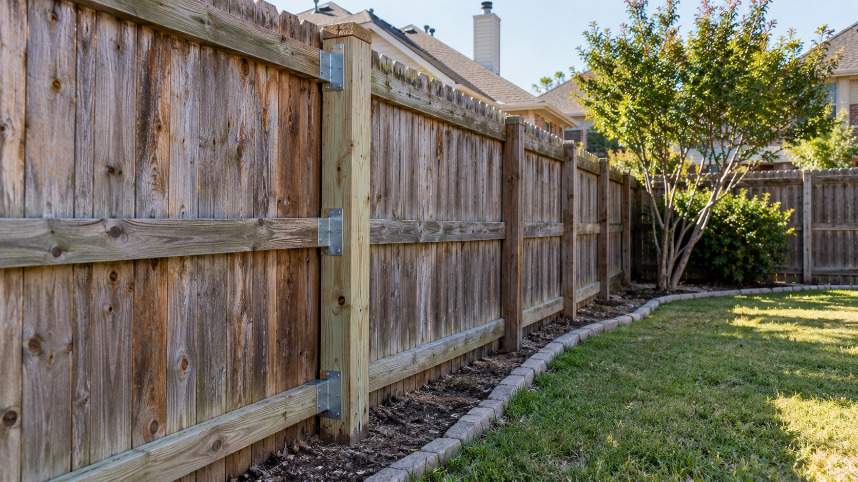Repaired residential privacy fence beside a landscaped Frisco backyard