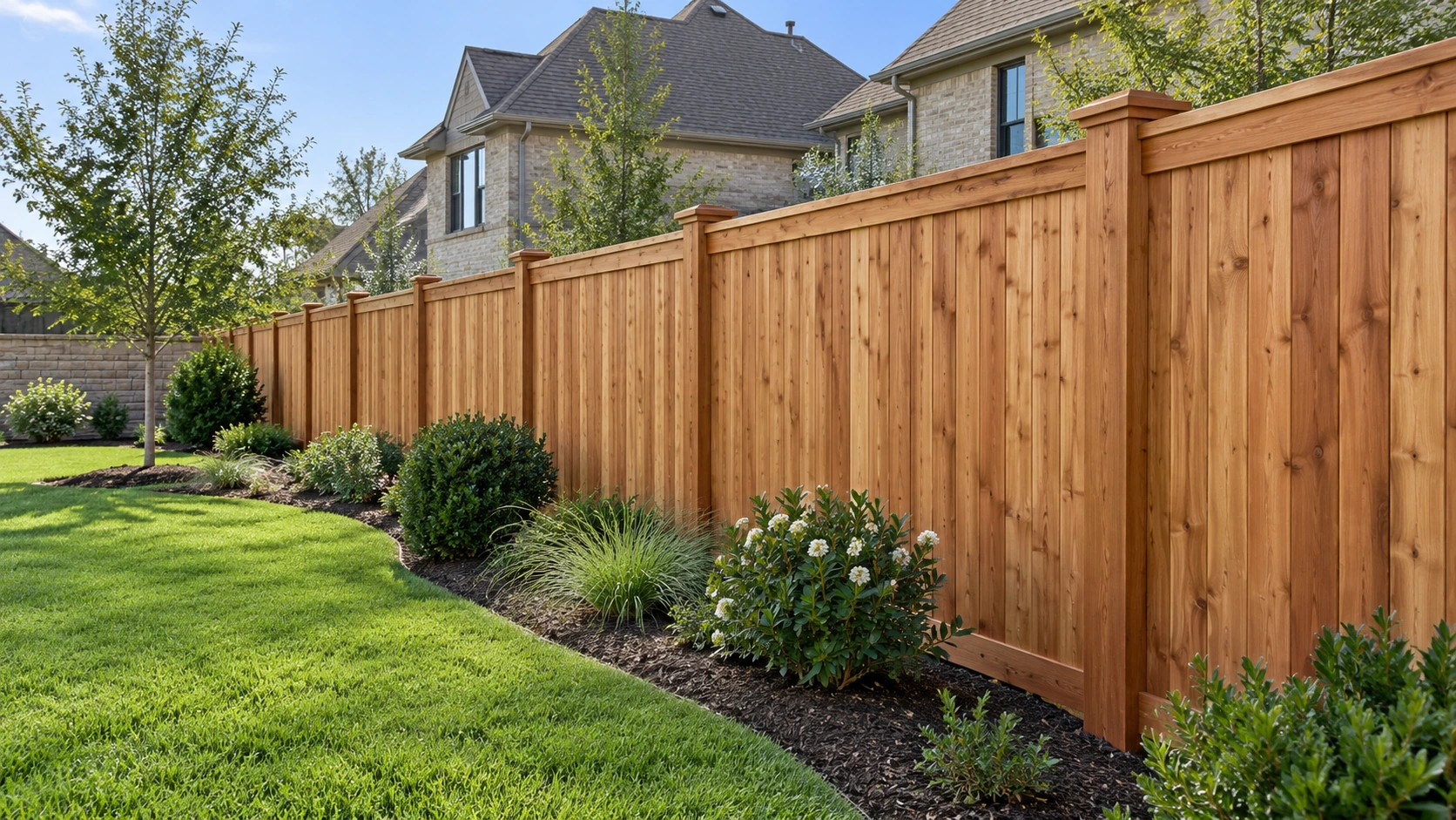 Cedar privacy fence along a landscaped residential yard in Frisco