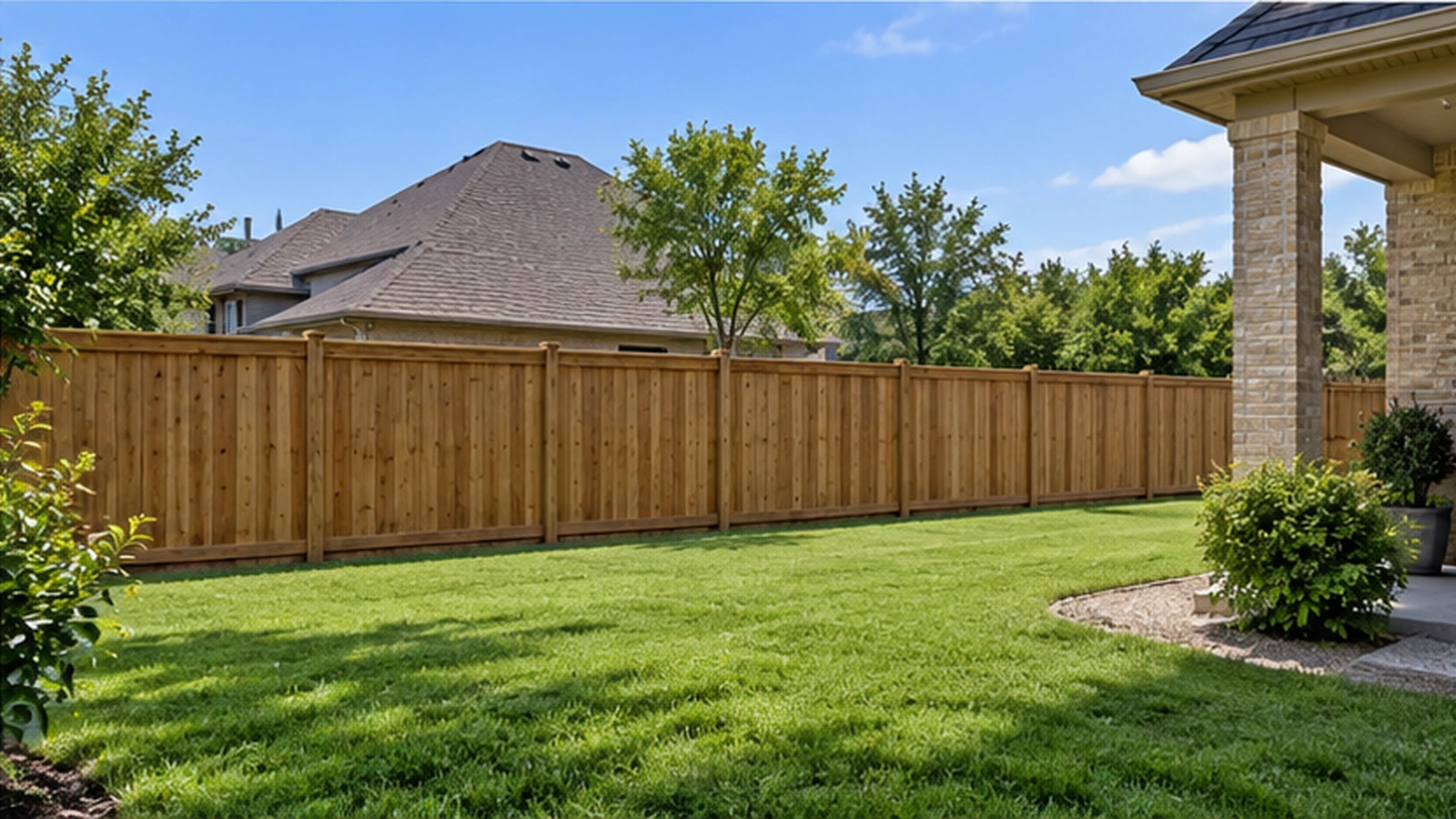 Completed residential wood fence enclosing a backyard