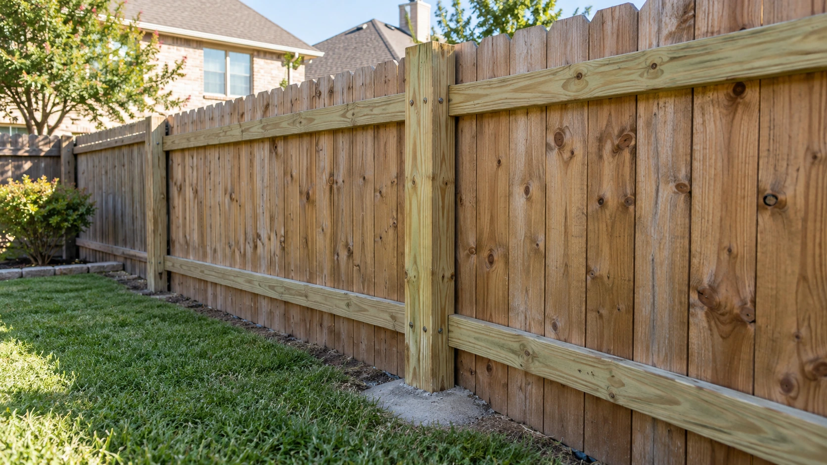 Repaired wood fence post and rails at a residential property in Plano