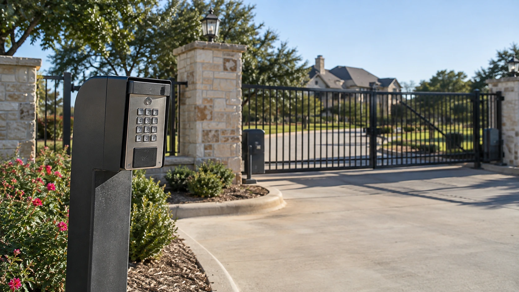 Gate keypad installed at a controlled property entrance