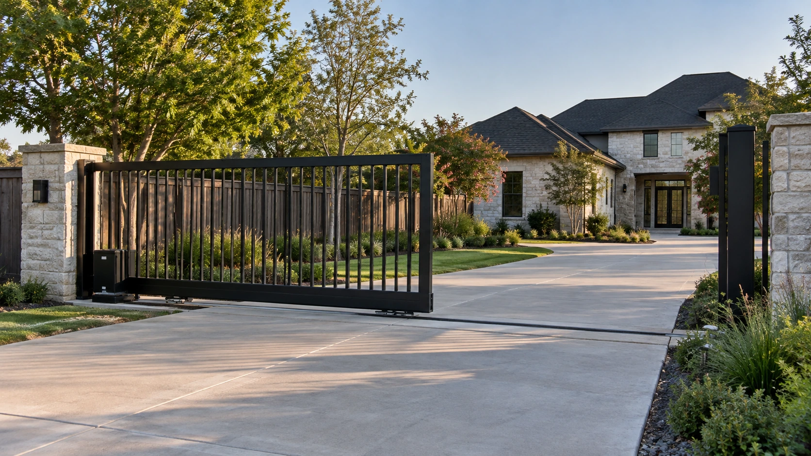 Sliding driveway gate along a residential entrance in McKinney