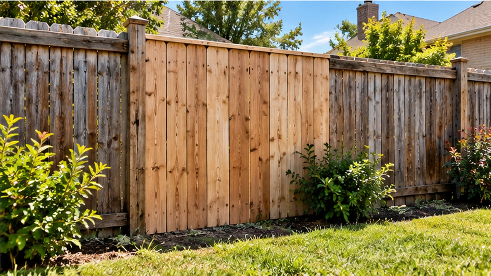 Repaired residential privacy fence beside a landscaped Garland yard