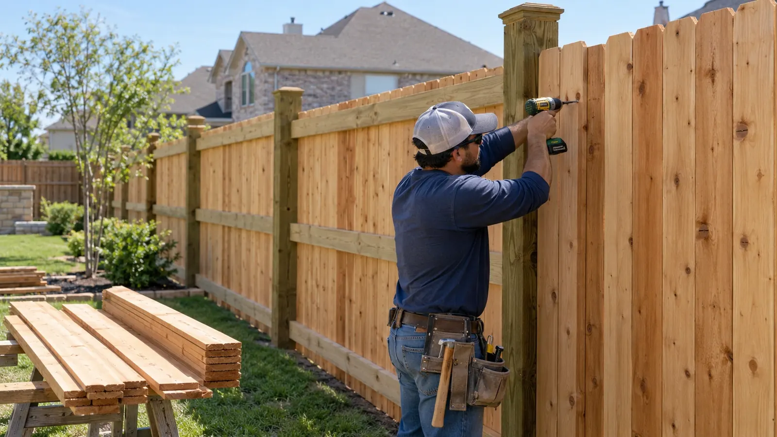 Fence contractor installing wood fence boards at an Allen residential property