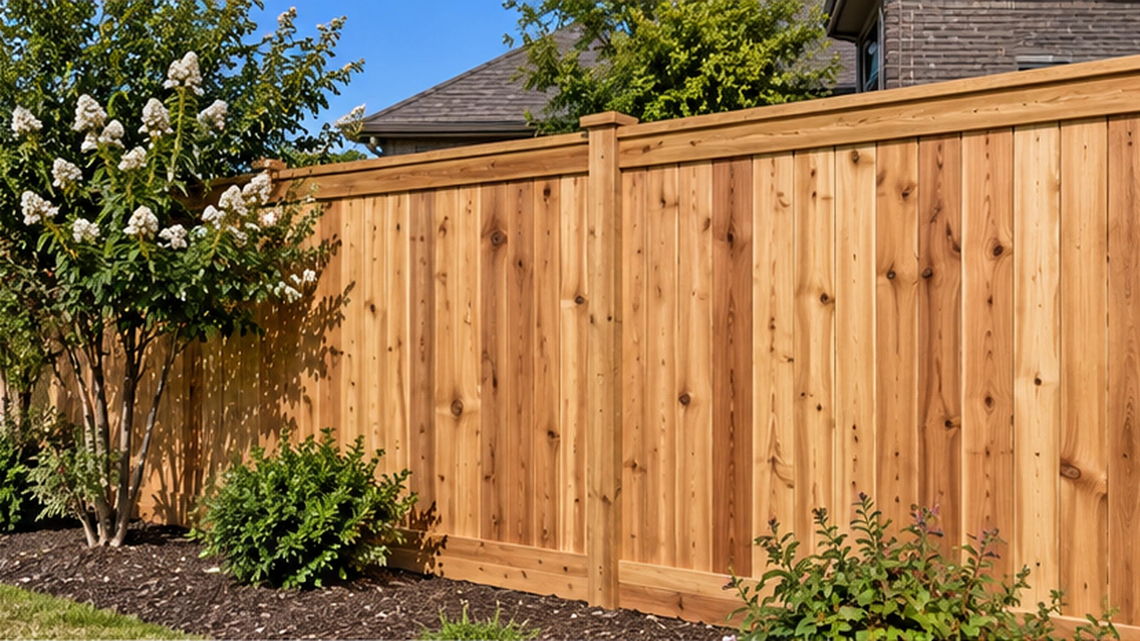 Cedar privacy fence along a landscaped residential yard