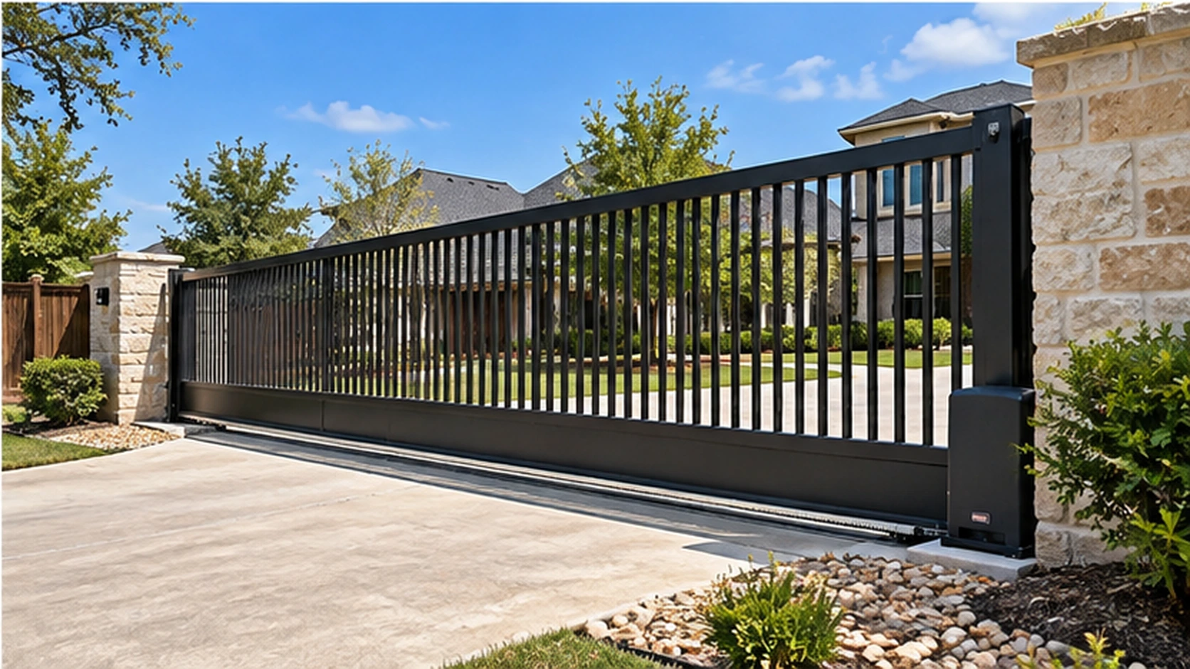 Sliding driveway gate along a residential entrance in Frisco