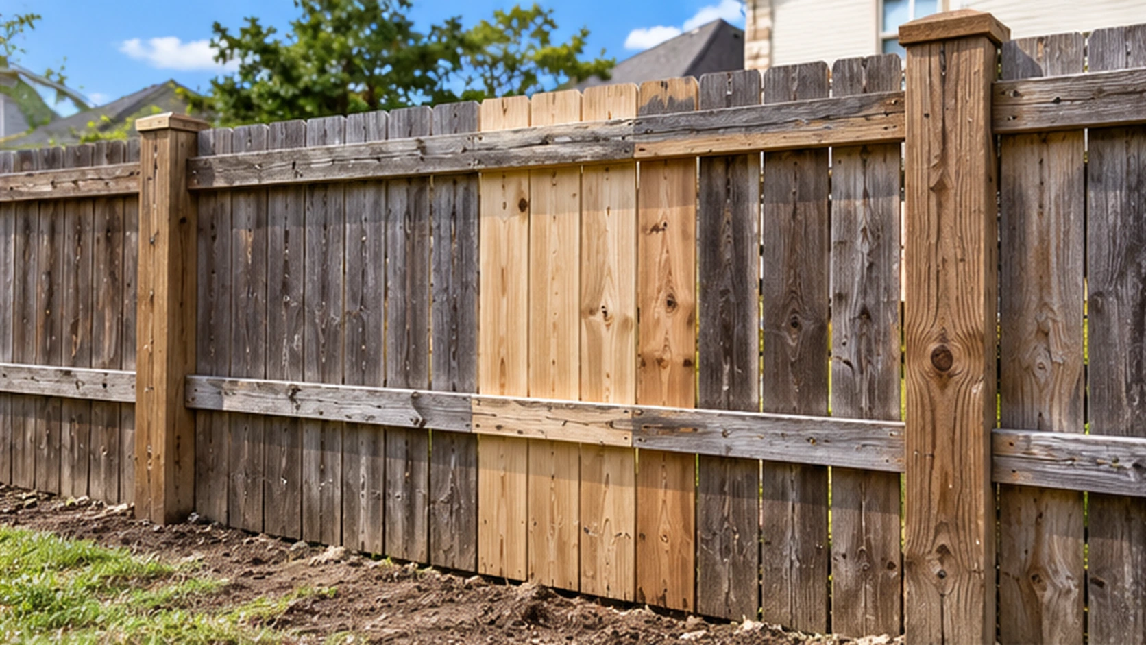 Wood fence boards being replaced during a residential fence repair
