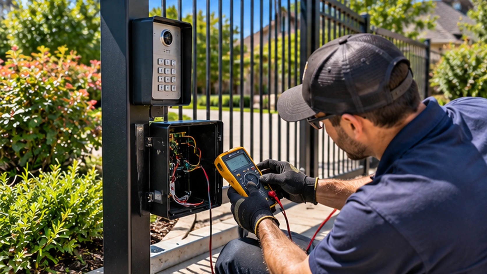 Technician diagnosing automatic gate controls at a McKinney property