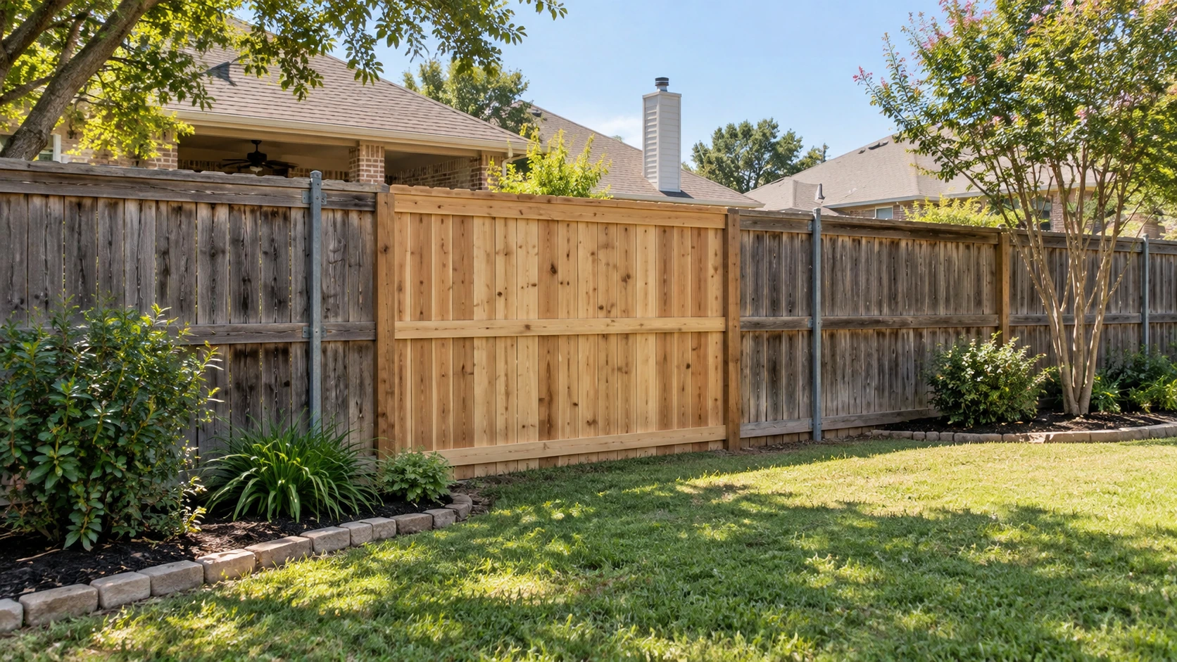 Repaired section of residential wood privacy fence in a Plano backyard
