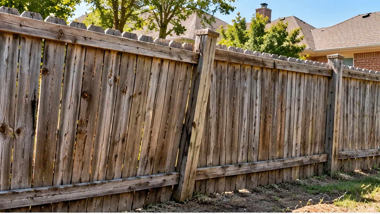 Wood privacy fence with leaning, damaged sections needing repair