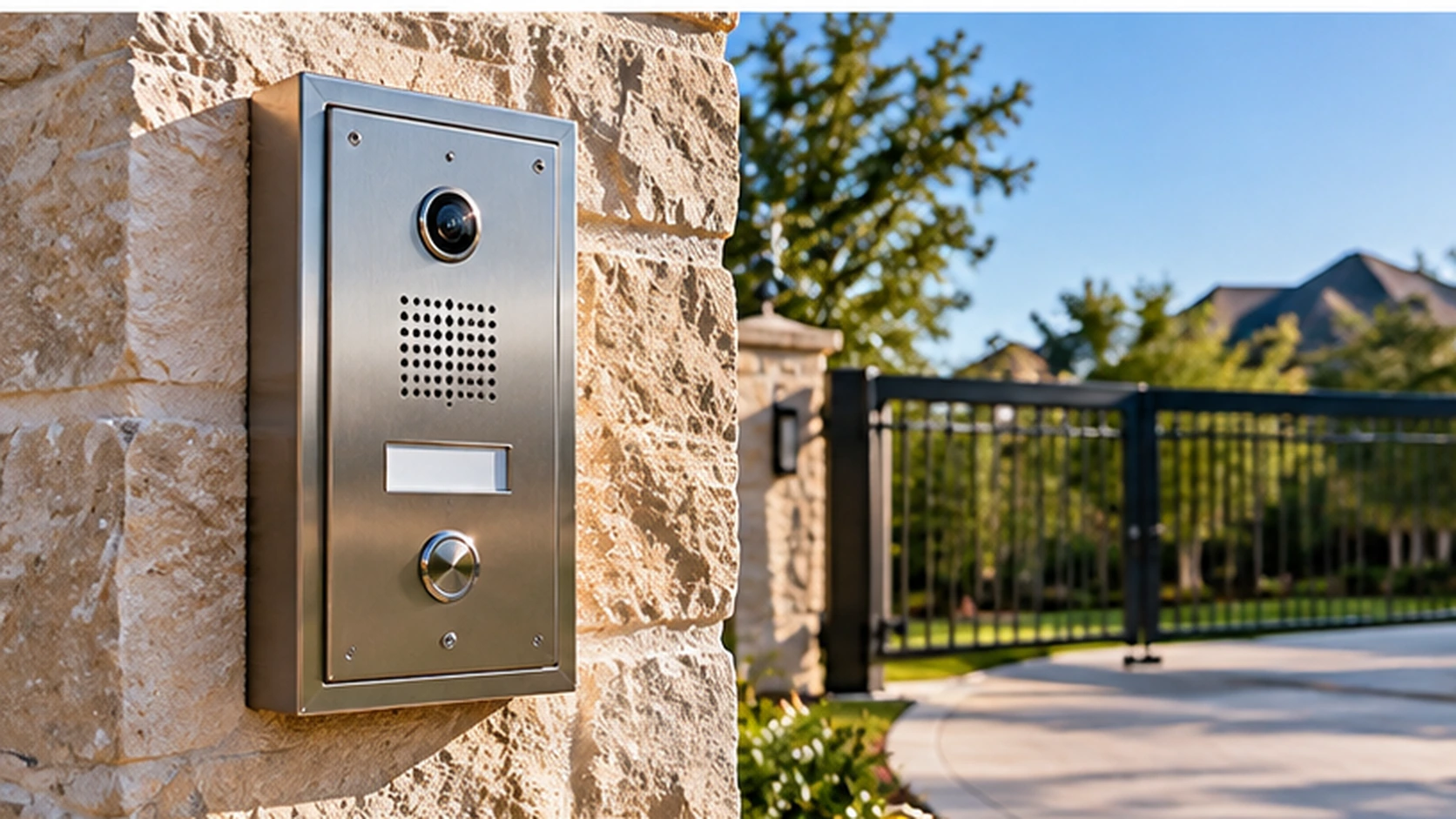 Telephone entry and intercom system beside an automatic driveway gate