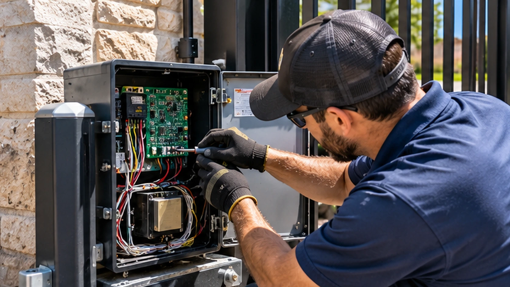 Technician inspecting an automatic gate operator in McKinney