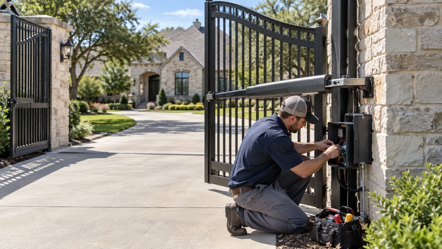 Technician servicing an automatic swing driveway gate