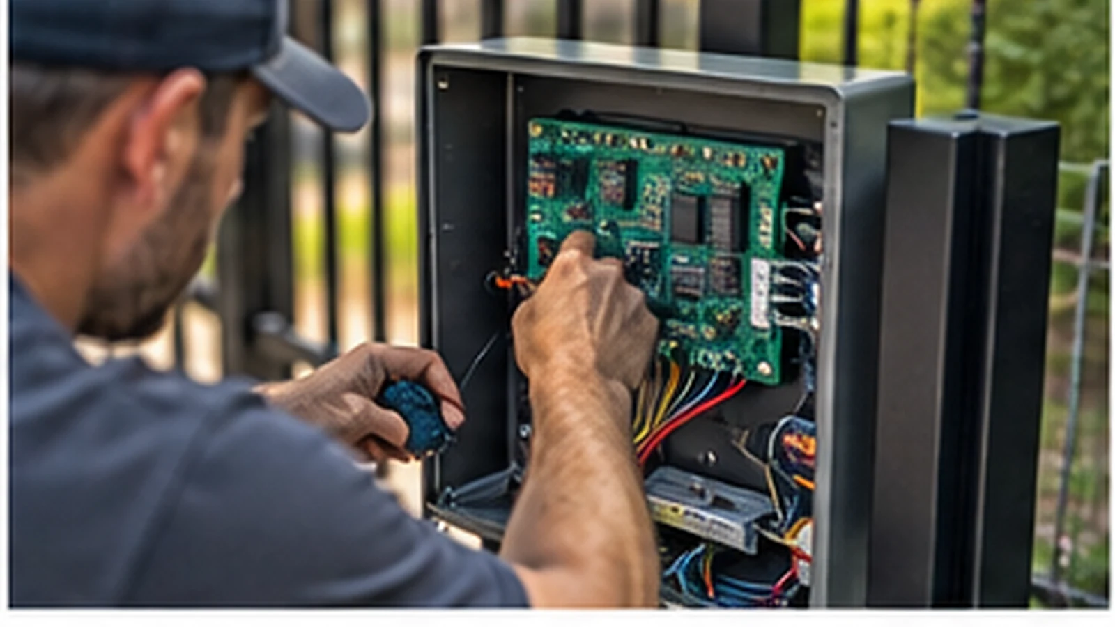 Gate operator control box being inspected during repair
