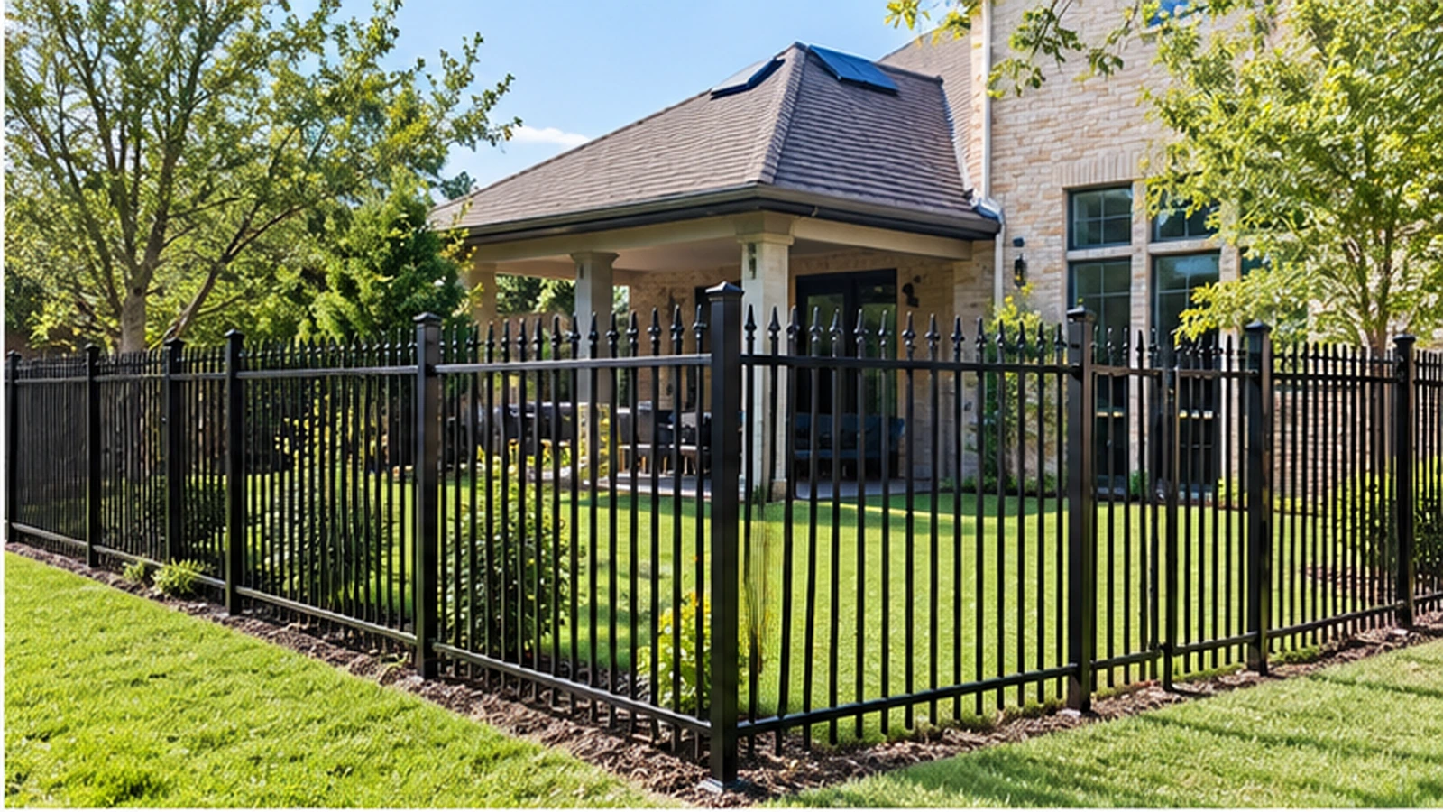 Residential iron fence surrounding a landscaped yard