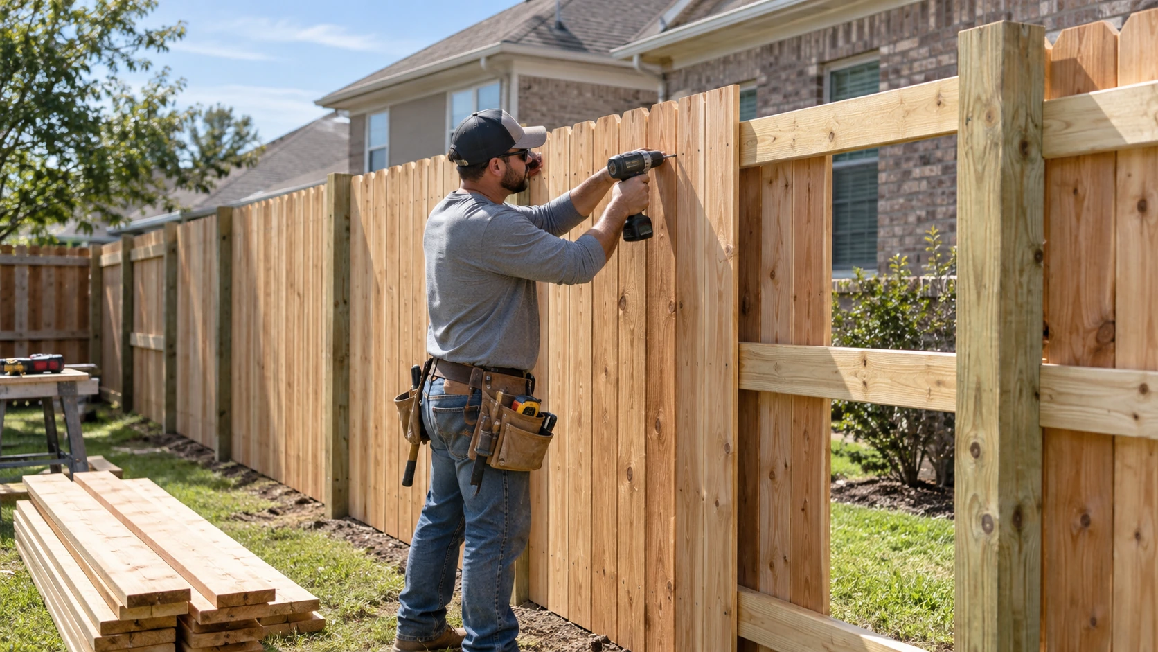 Fence contractor installing wood fence boards at a Garland residential property