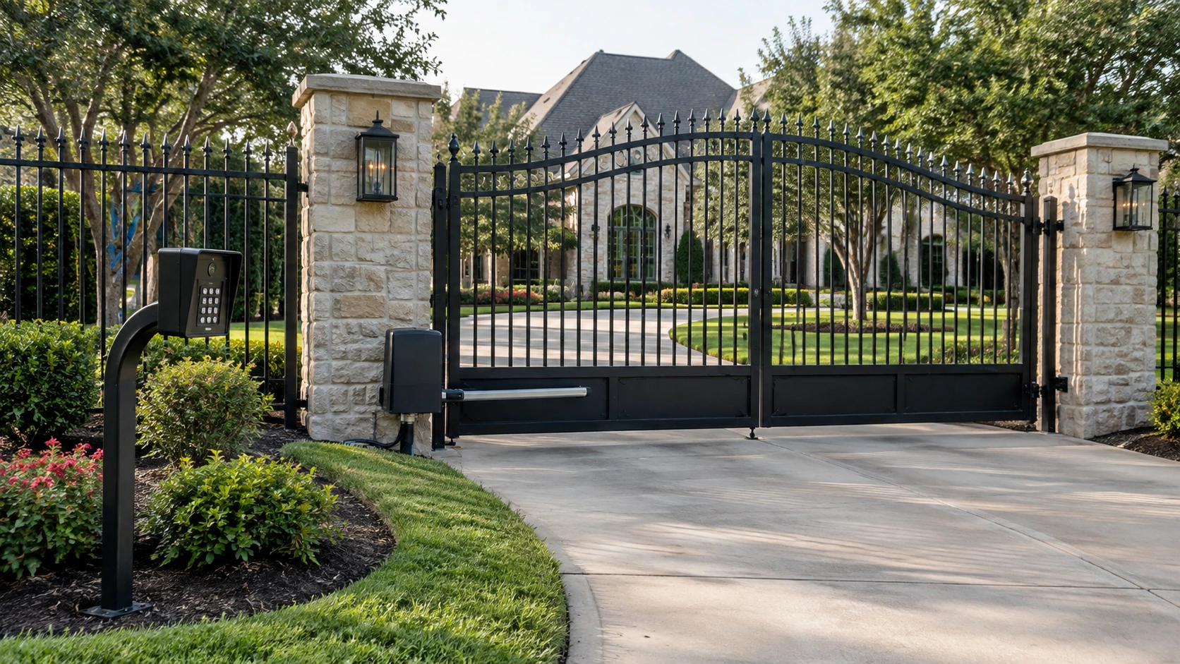 Automatic driveway gate with entry control equipment at a Frisco property