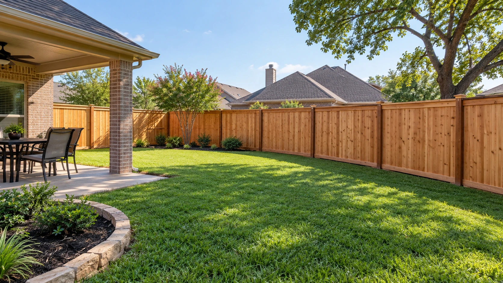 Residential wood privacy fence enclosing a Garland backyard