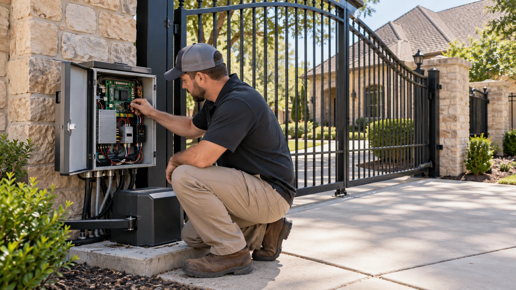 Technician inspecting an automatic gate operator and control system