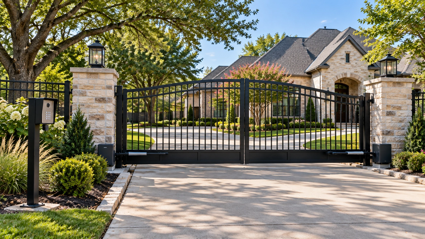 Automatic driveway gate with entry control equipment at a Garland property