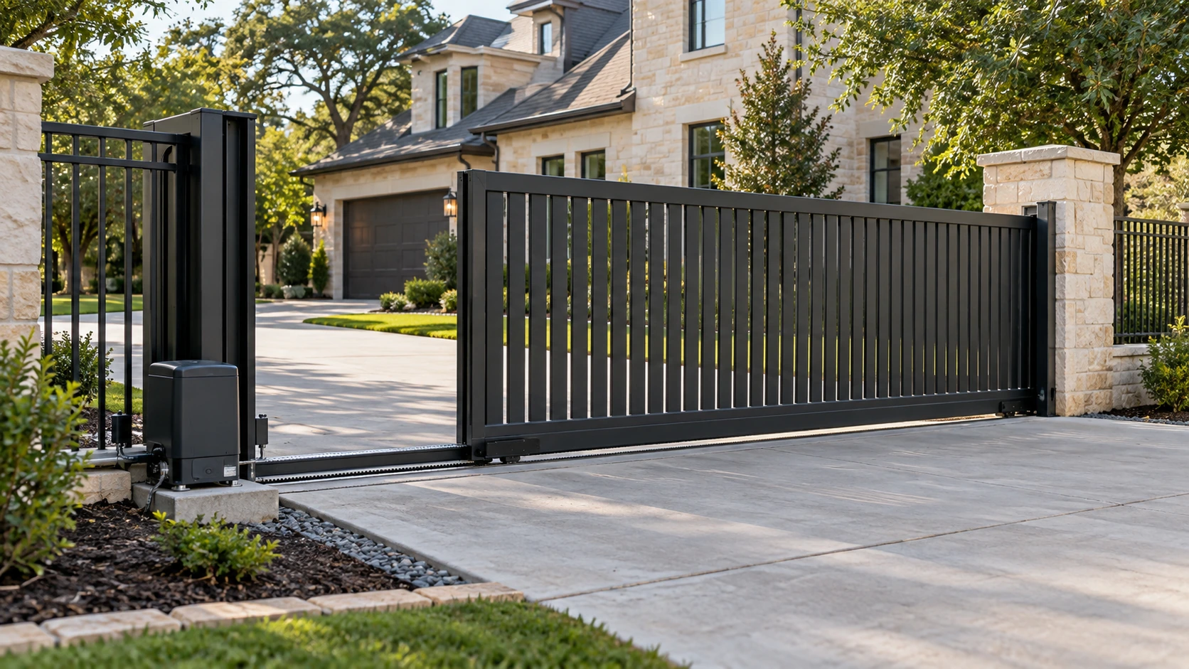 Sliding driveway gate along a residential entrance in Plano
