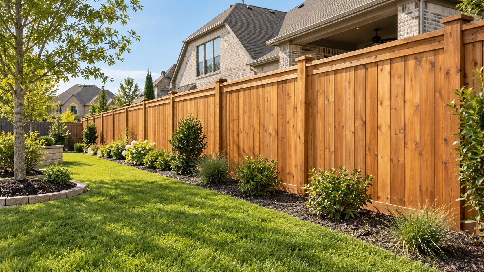 Cedar privacy fence along a landscaped residential yard in McKinney