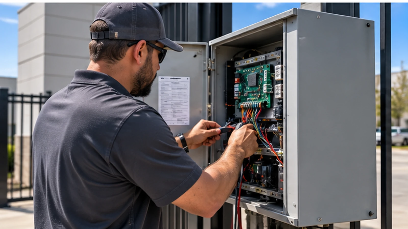 Commercial gate operator control cabinet being inspected