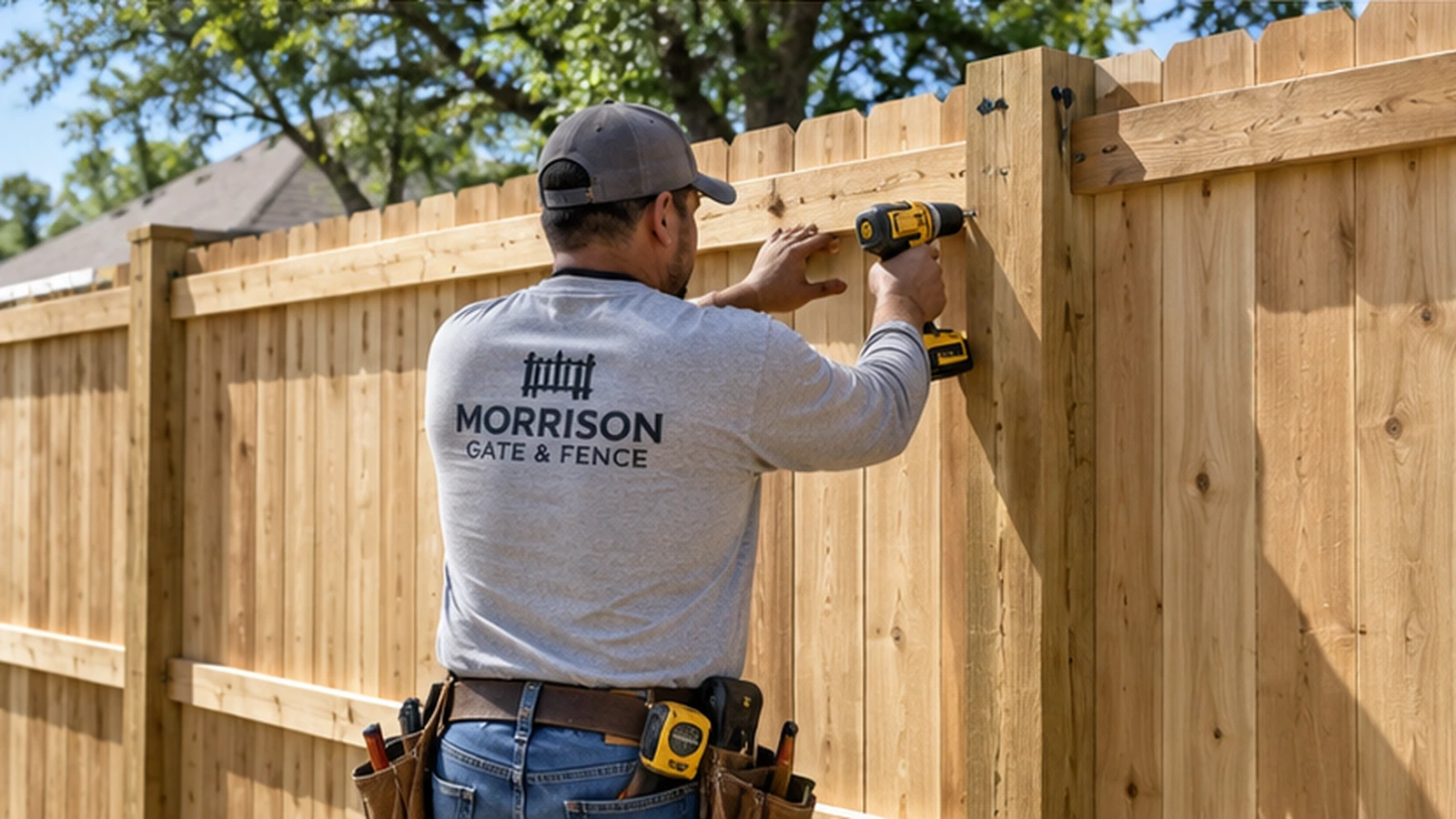 Fence contractor installing wood fence boards at a residential property