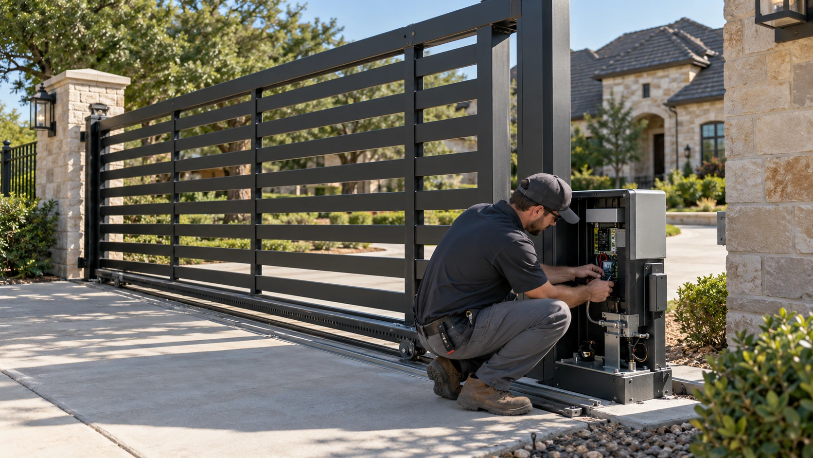 Technician servicing an automatic sliding driveway gate