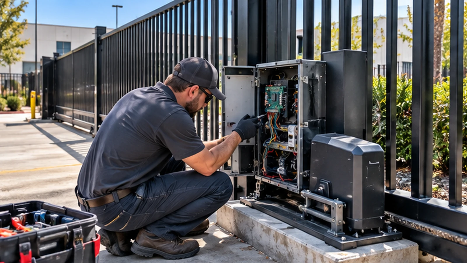 Technician servicing a commercial sliding gate operator